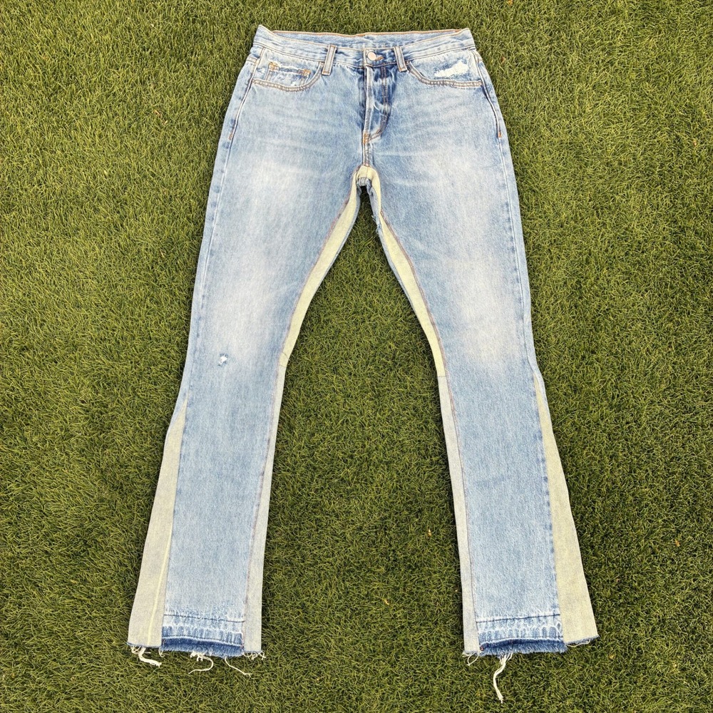 MNML Mens 30x33 Paneled Flare Jeans Light Wash Distressed Blue Cream Streetwear